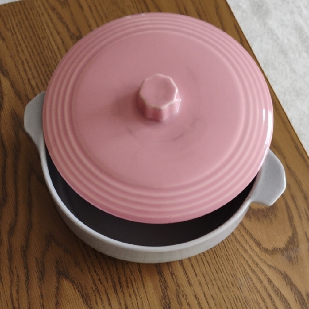 Pink Ceramic Covered Casserole - Glossy Pink Lid with White Base